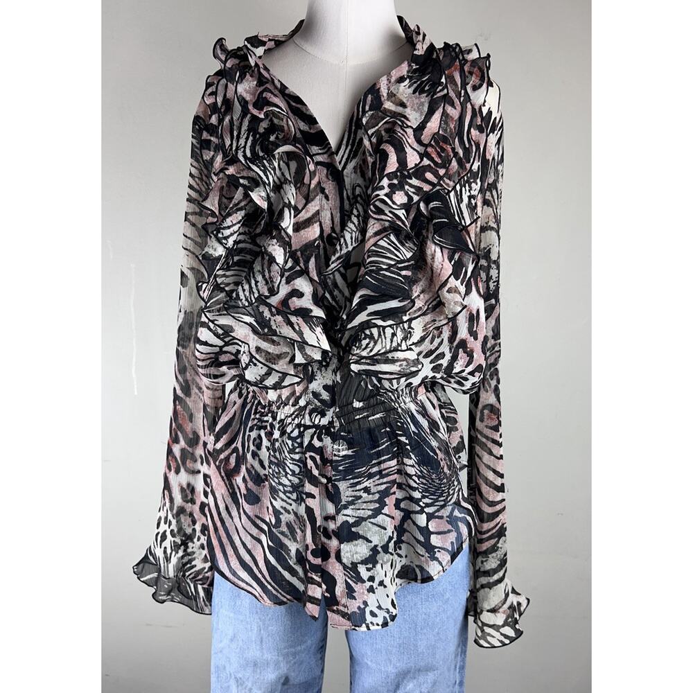 Bisou Bisou Y2K Style Zebra Sheer Ruffle Top Size Medium Pink Brown Black